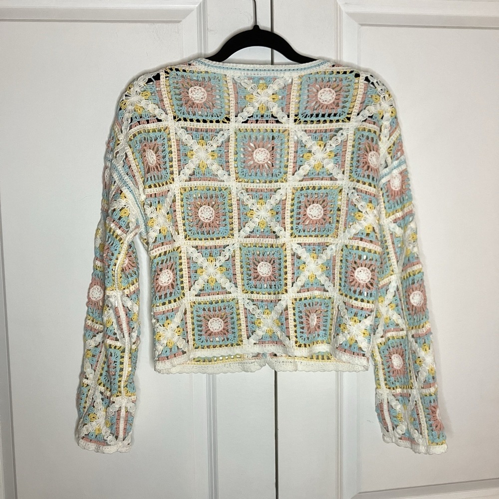 Y2K Cleo Crochet Cardigan Womens S/M Petite‎ Cottagecore Granny Pastel Spring - Picture 5 of 7